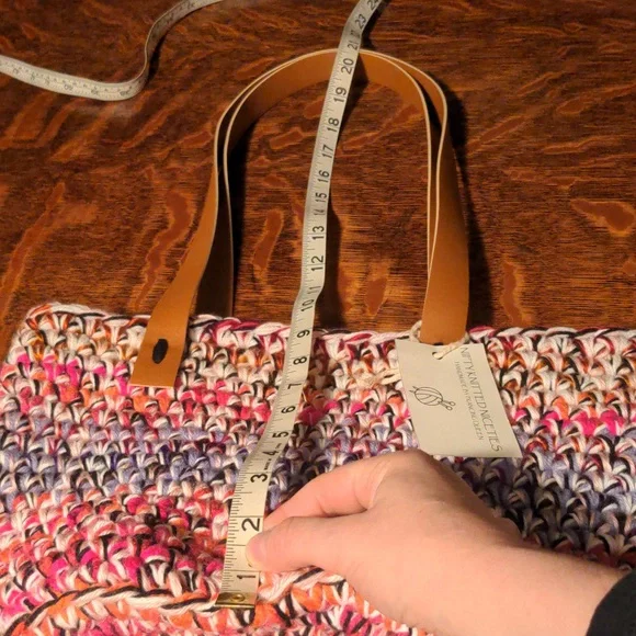 Handmade Crochet Multicolor Market Basket Tote Tan Faux Leather Straps - Picture 3 of 7
